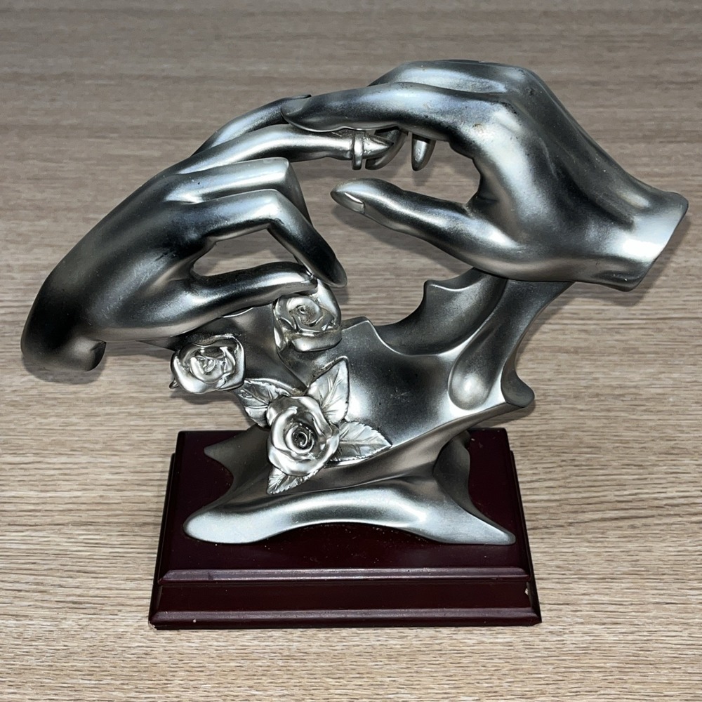 HERCO Bond of Marriage Love Hands Sculpture Proposal Wedding Roses PEWTER / WOOD